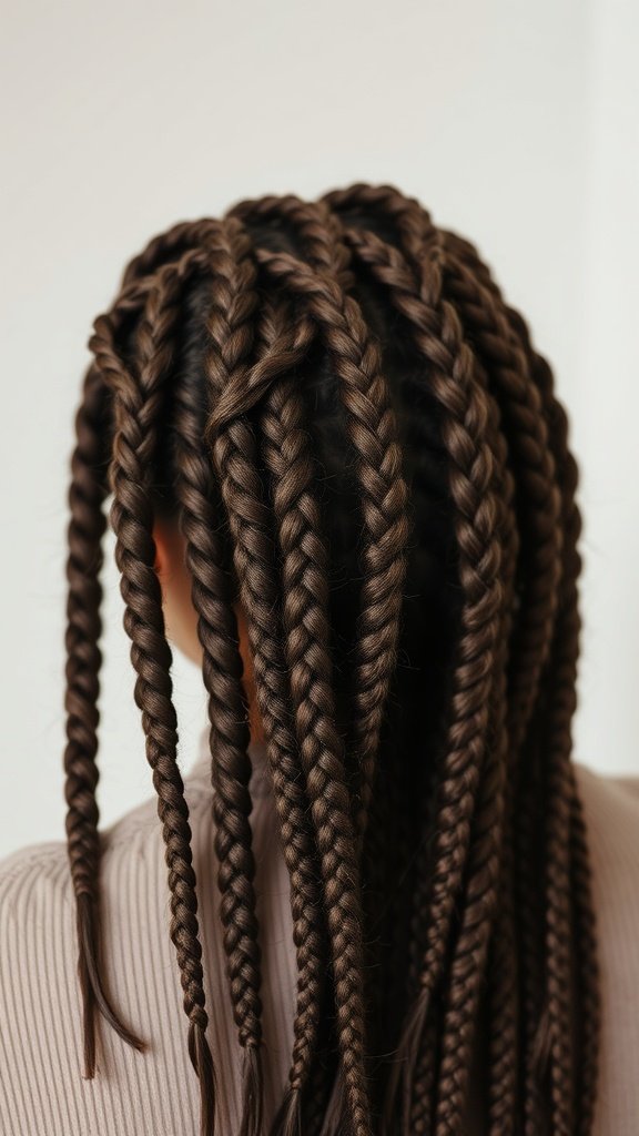 A close-up view of a person's back with knotless braids styled in a natural texture.