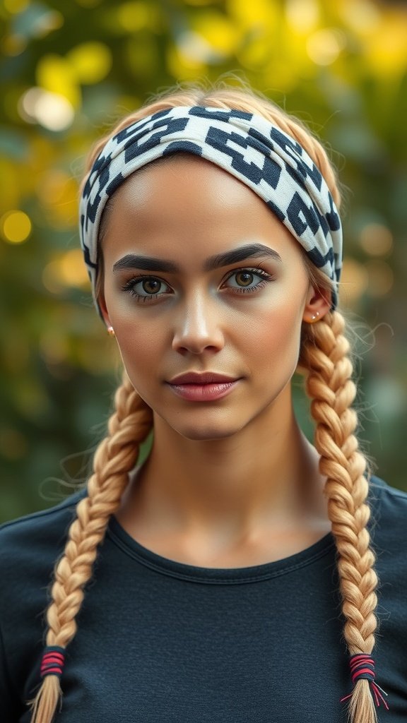 A woman with blonde knotless braids and a patterned padded headband, showcasing a stylish look.