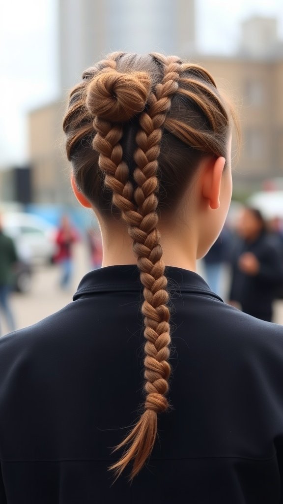 A woman with knotless braids styled into a playful ponytail.