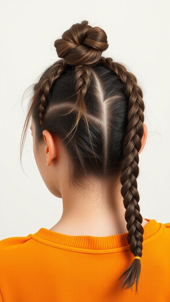 A girl with knotless braids styled with a top knot and side braids, showcasing a playful hairstyle.