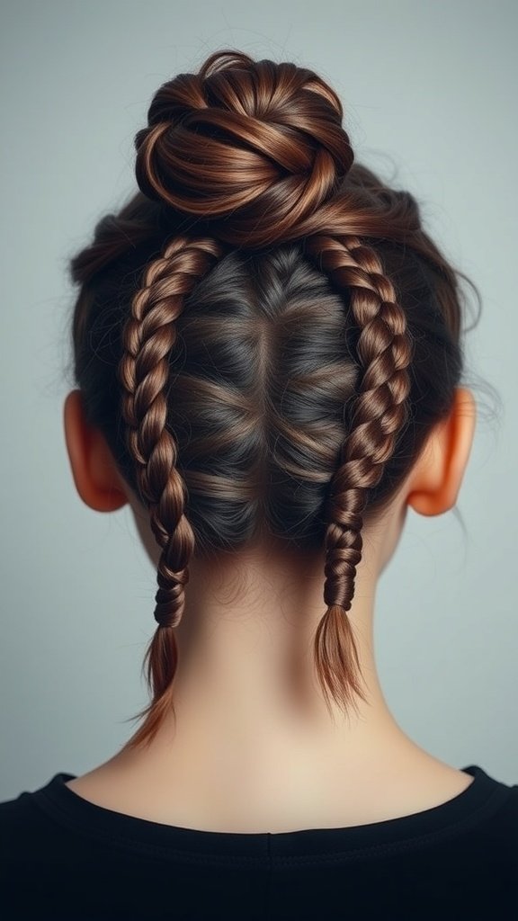 A playful updo featuring knotless braids styled into a top knot with two braided sections.
