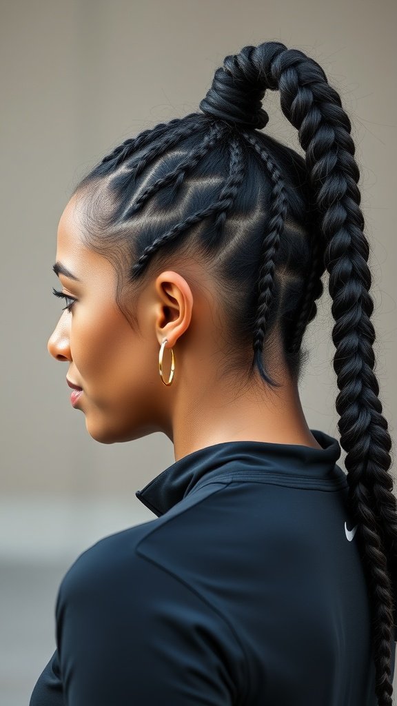 A woman with knotless braids styled in a high ponytail, showcasing a sleek and trendy hairstyle.