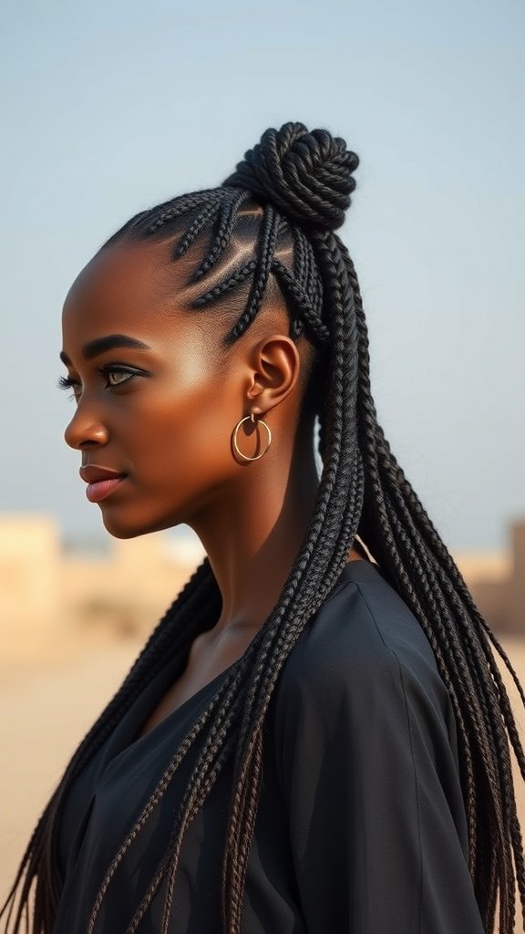 A woman with knotless braids styled in a high ponytail, showcasing a chic and elegant look.