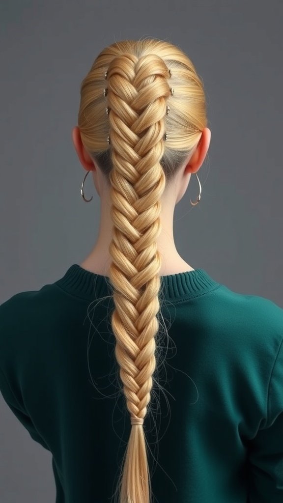 A back view of a person with blonde knotless braids styled in a ponytail.