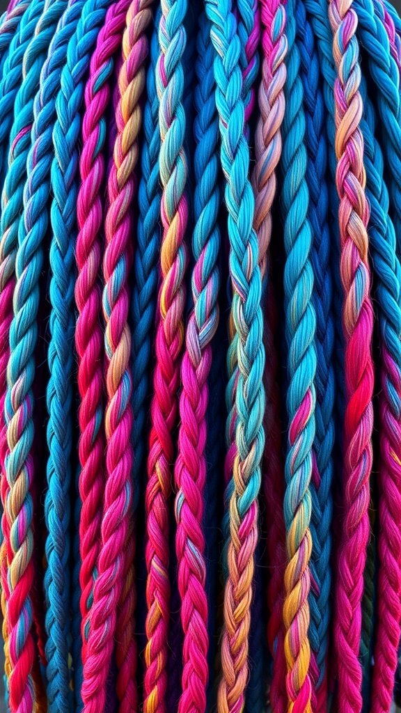 Colorful knotless braids in shades of pink, blue, and orange.