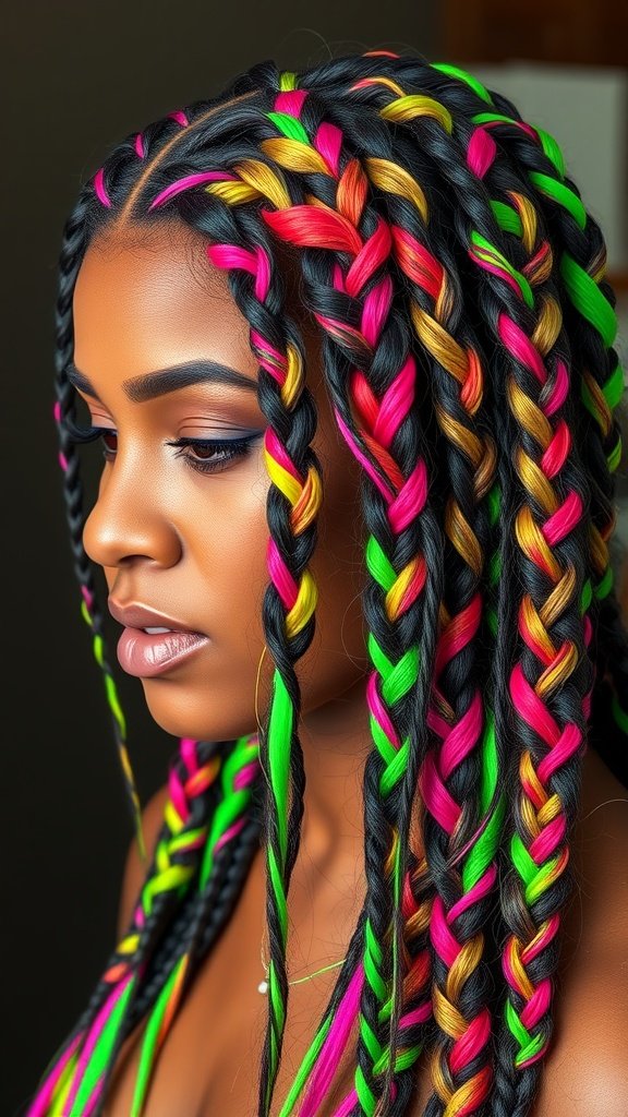 A close-up of a woman with colorful knotless braids featuring neon pink, green, and gold strands.