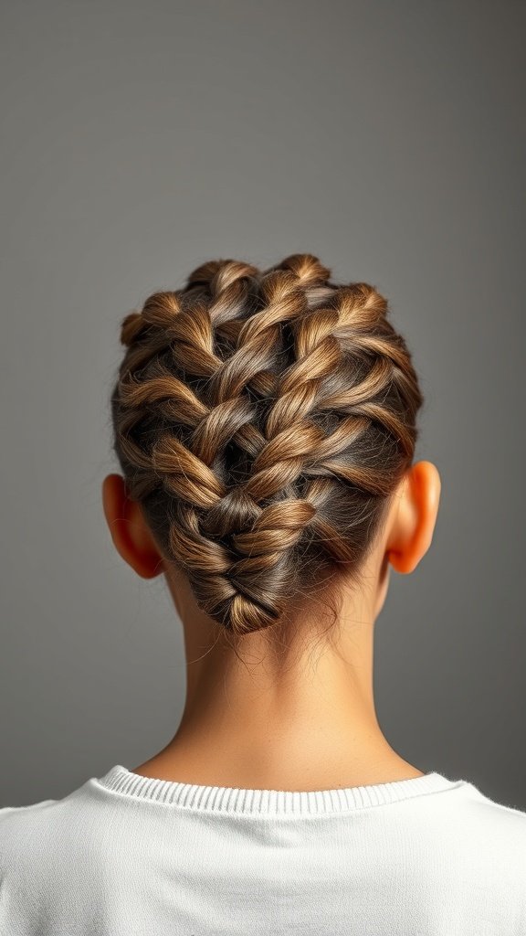 A woman with knotless braids styled in a relaxed bun, showcasing a neat and elegant hairstyle.