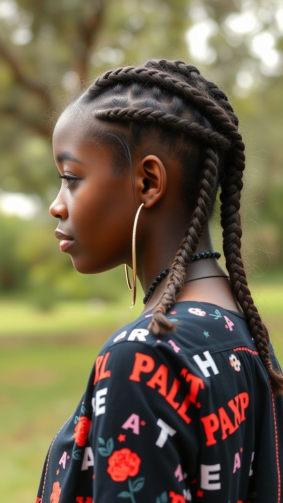A young woman with knotless braids styled in a relaxed manner, showcasing a chic and comfortable look.