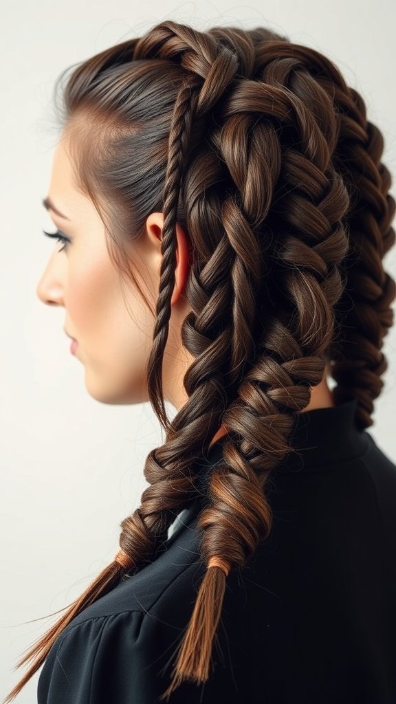 A close-up of a woman with knotless braids styled with a retro flair, showcasing thick, intertwined braids.