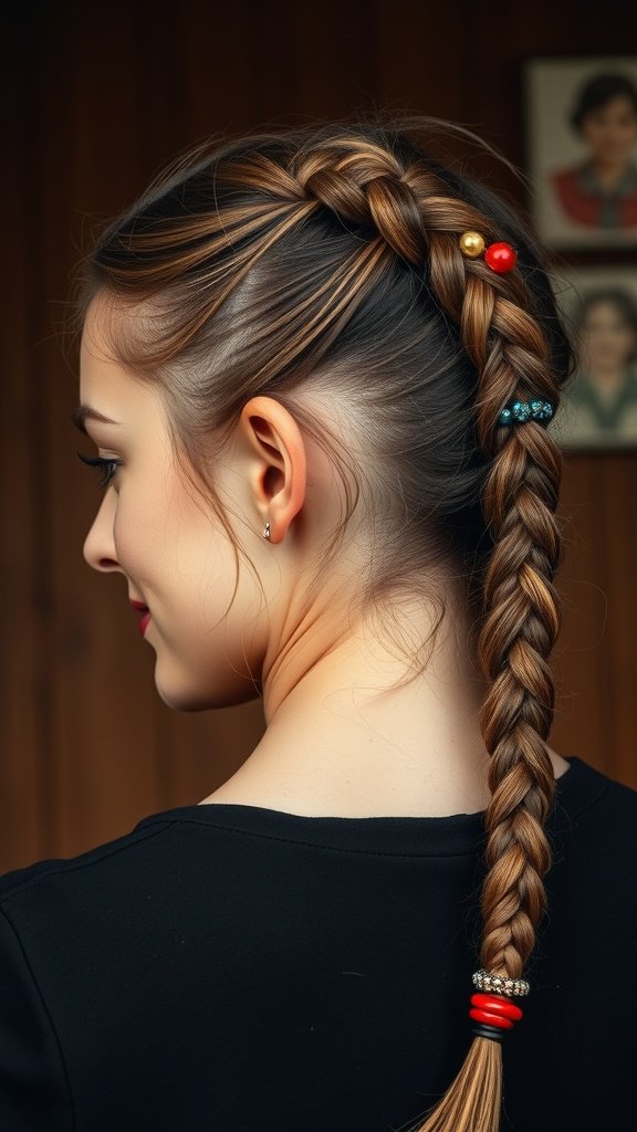A woman with medium knotless braids styled with colorful beads, showcasing a retro vibe.