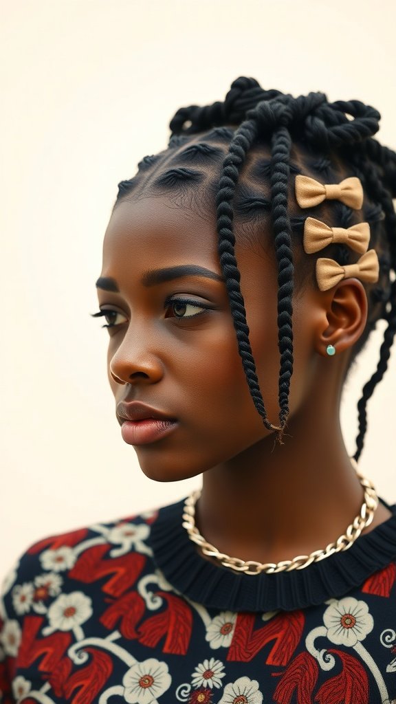 A close-up of a person with knotless box braids styled with bows, showcasing a retro vibe.
