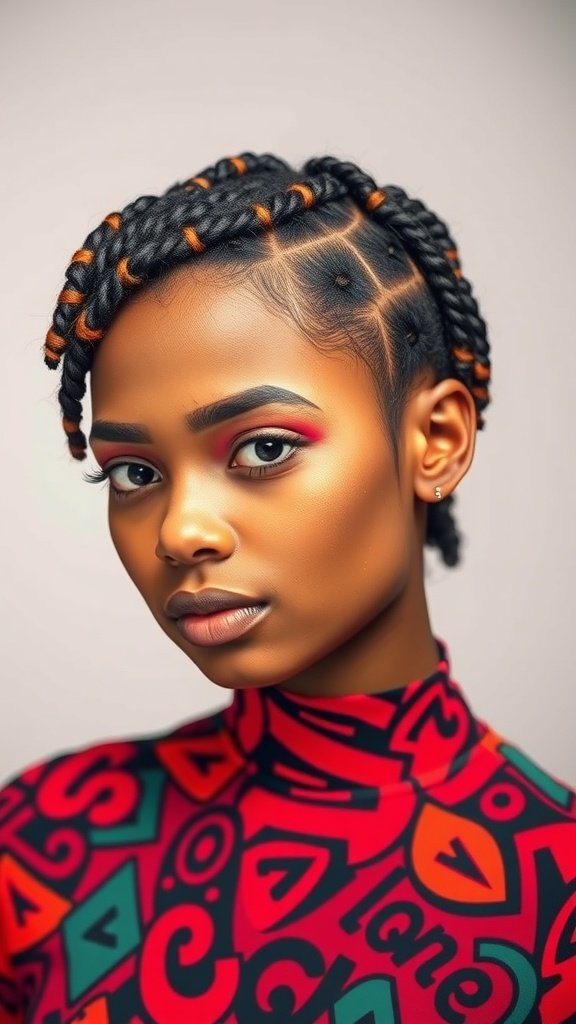 A close-up of a model with short knotless braids featuring orange accents, styled with bold makeup and a colorful outfit.