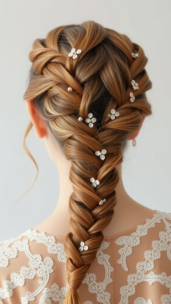 A close-up of a woman's back showing intricate knotless braids adorned with floral accessories.