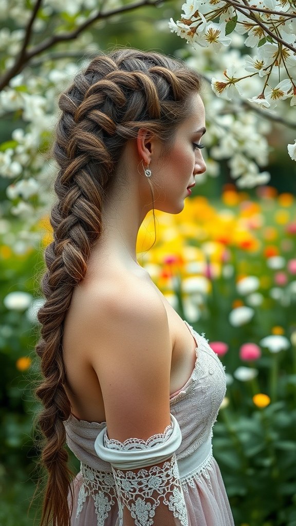 A woman with a large knotless braid, standing in a flower garden, showcasing a romantic hairstyle.