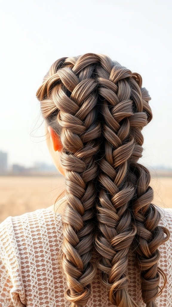 A close-up of two thick knotless braids styled elegantly, showcasing a romantic and chic look.