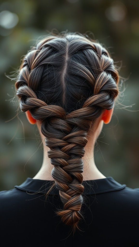 A close-up view of knotless braids styled into a romantic updo, showcasing a neat and elegant appearance.