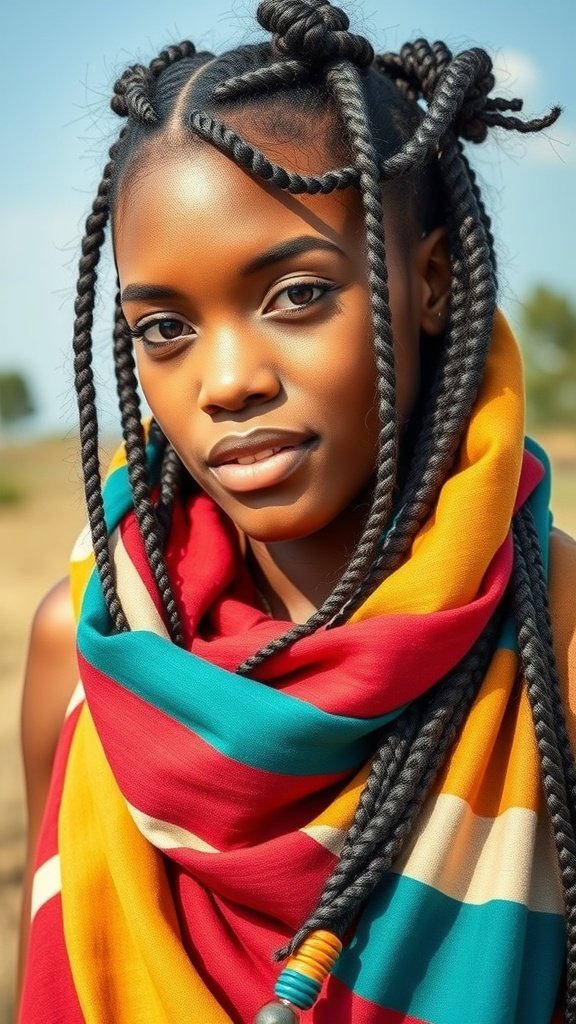 A model with knotless braids styled with a colorful scarf.