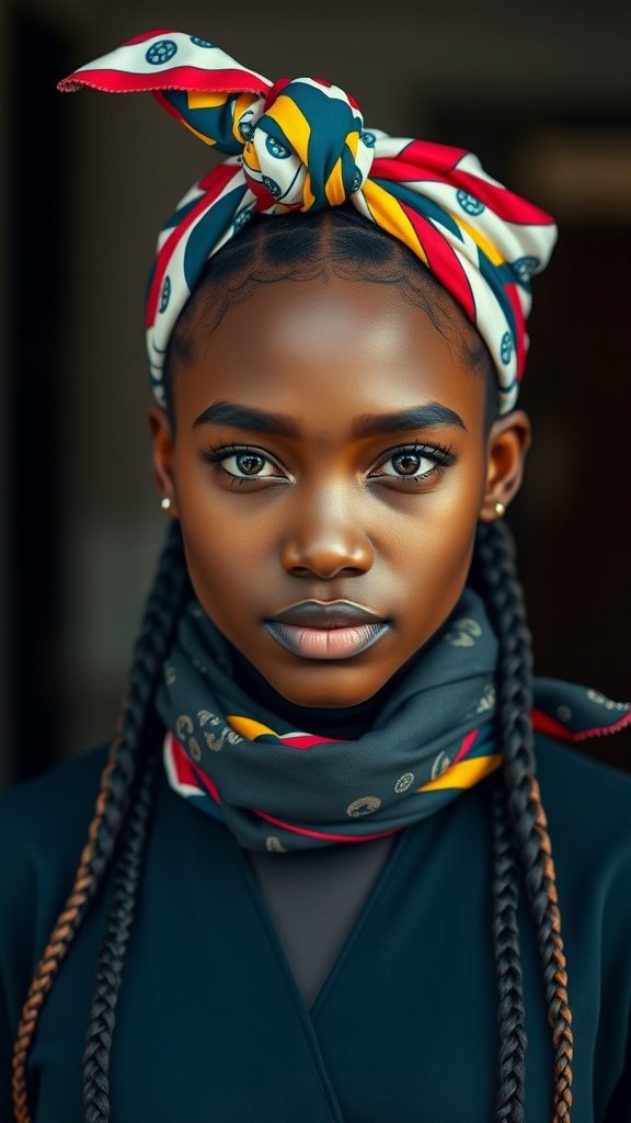 A young woman with knotless braids styled with a colorful scarf