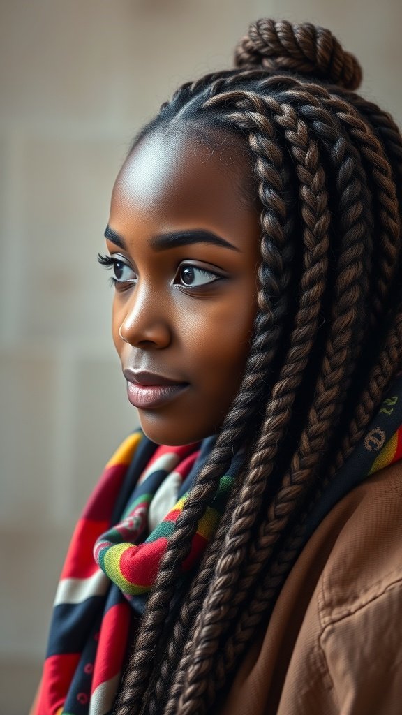 A woman with knotless braids styled with a colorful scarf.