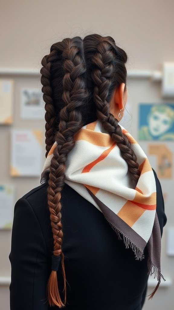A woman with knotless braids styled with a colorful scarf around her neck.