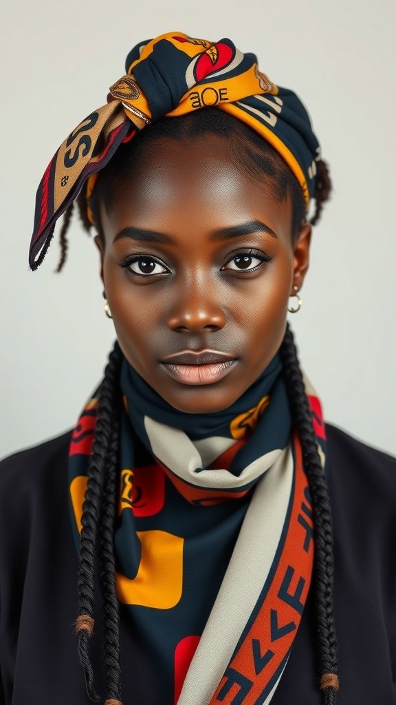 A person with knotless box braids and a colorful scarf tied around their head.