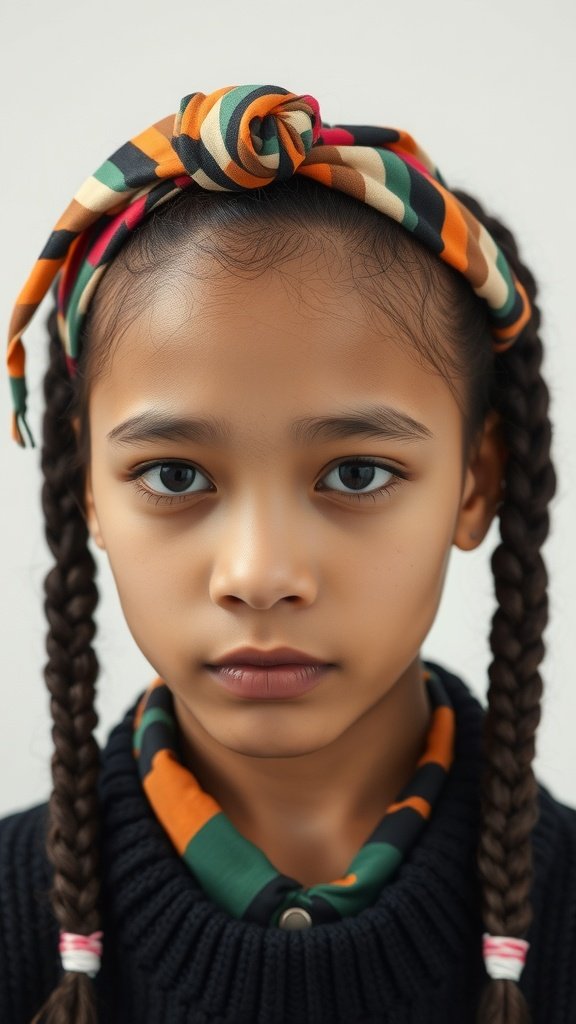 A girl with knotless braids and a colorful scarf, showcasing a stylish hairstyle.