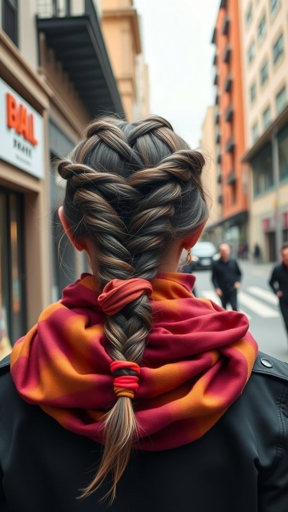 A person with knotless braids styled with a colorful scarf, showcasing a trendy hairstyle.