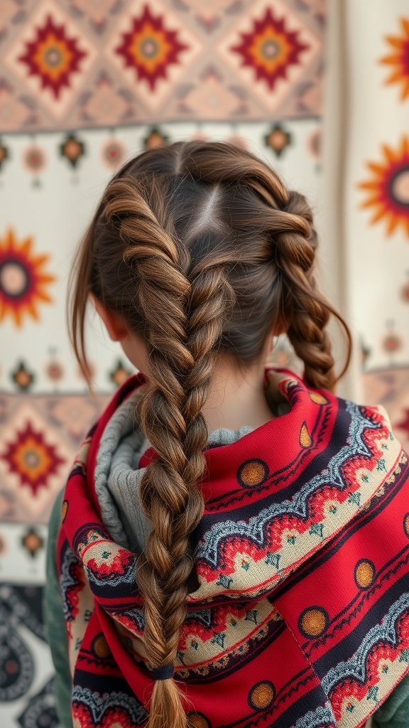 A girl with knotless braids wearing a colorful scarf, showcasing a stylish and bohemian look.