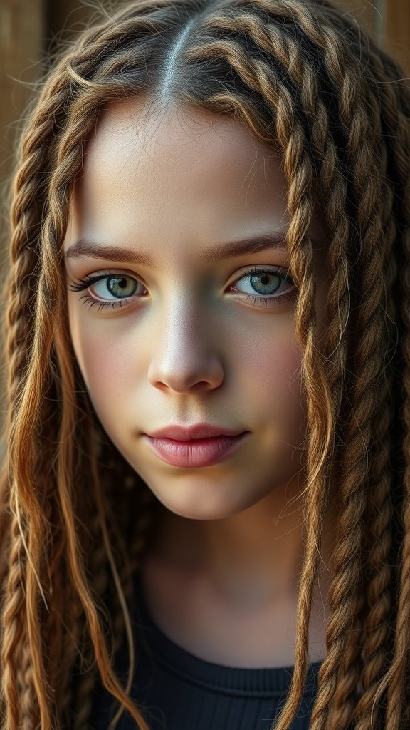 Close-up of a young person with shaggy knotless braids, showcasing a relaxed and stylish hairstyle.