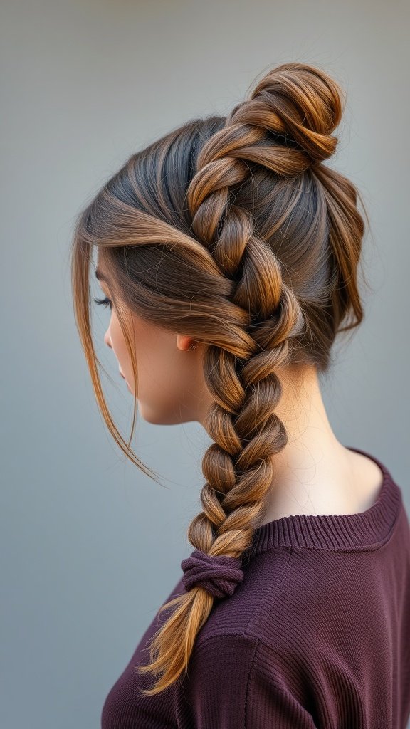 A woman with knotless braids styled with a side braid and a bun.