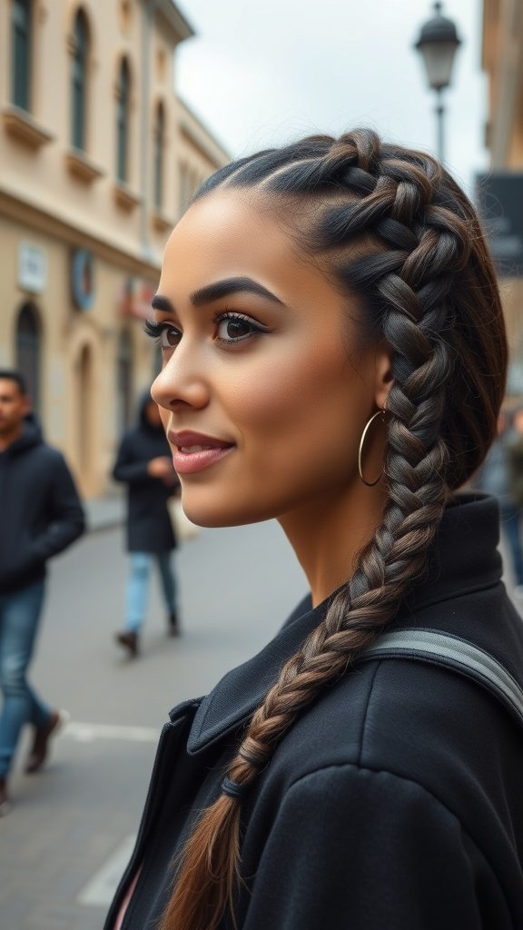 A woman with knotless braids styled with a side braid, showcasing a chic and modern hairstyle.