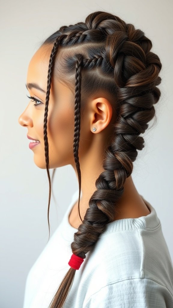 A woman with knotless braids featuring a stylish side braid, showcasing a unique hairstyle.