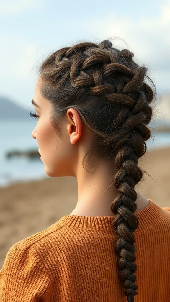 A woman with knotless braids styled into a side braid, standing on a beach.