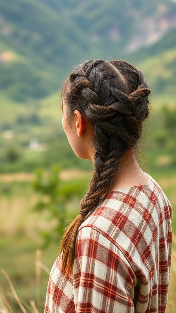 A woman with knotless braids and a side braid, set against a scenic background.