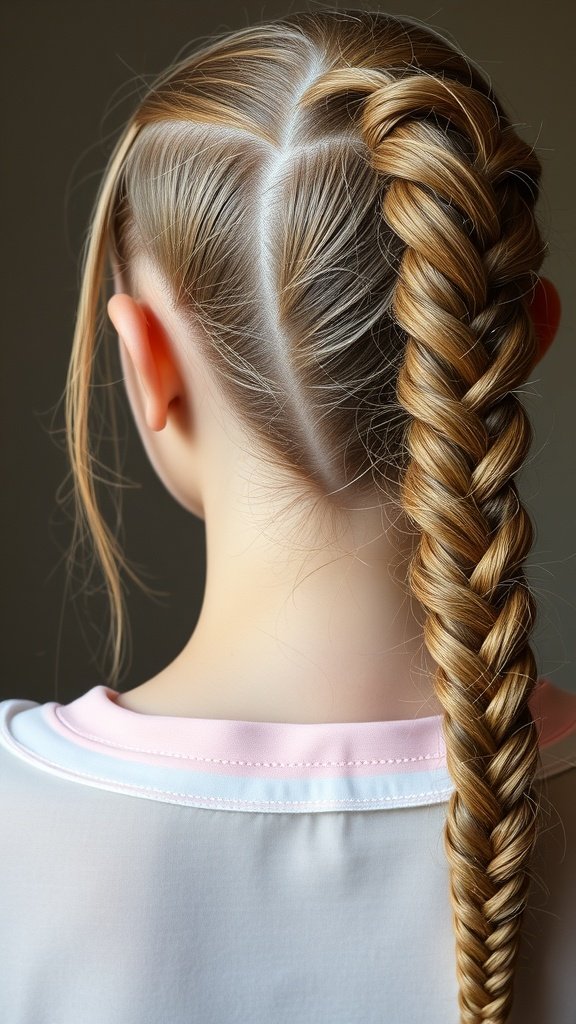 A close-up view of a person's back with a side braid hairstyle, showcasing knotless braids.
