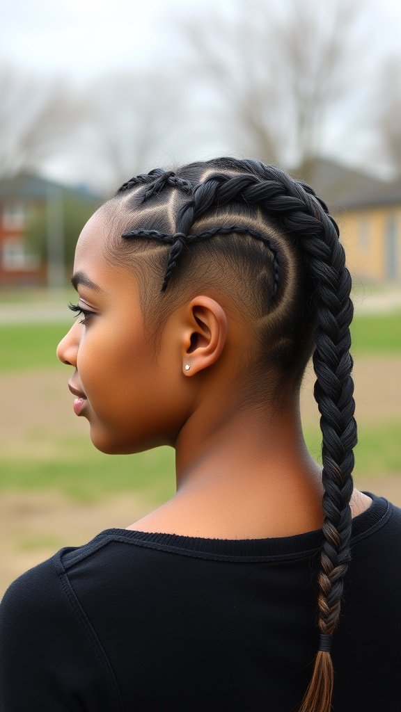 A young woman with knotless braids styled into a side braid, showcasing a trendy hairstyle.