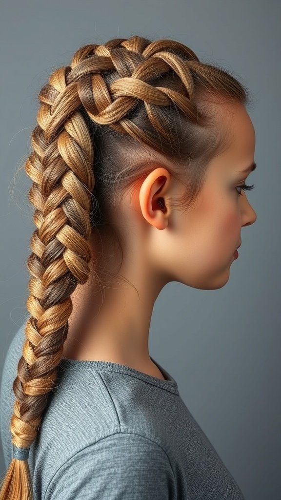 A side view of a woman with a stylish knotless braid, showcasing a smooth transition and a blend of hair colors.