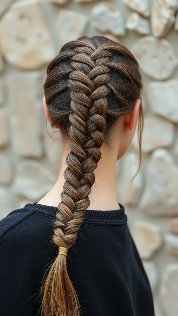 A close-up view of a person's back with a central knotless braid and a side braid, showcasing a stylish hairdo.