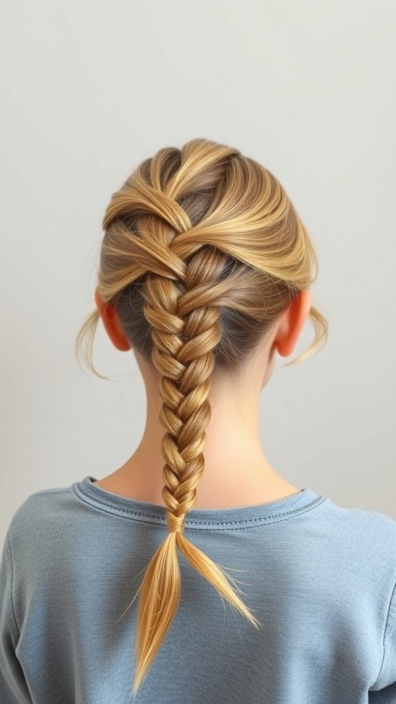 A close-up view of a girl's back hairstyle featuring knotless braids with a side braid.