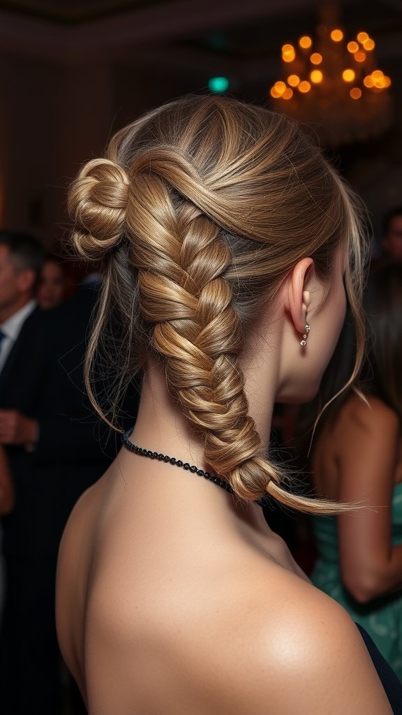 A woman with knotless braids styled into a side bun, showcasing a modern and elegant hairstyle.