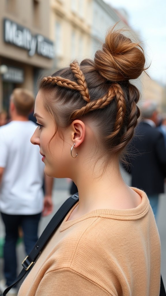 A woman with knotless braids styled into a side bun, showcasing a chic and modern hairstyle.