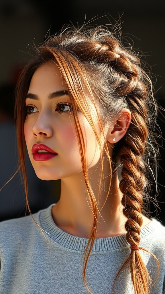A woman with knotless braids styled with a side part, showcasing a trendy and stylish look.