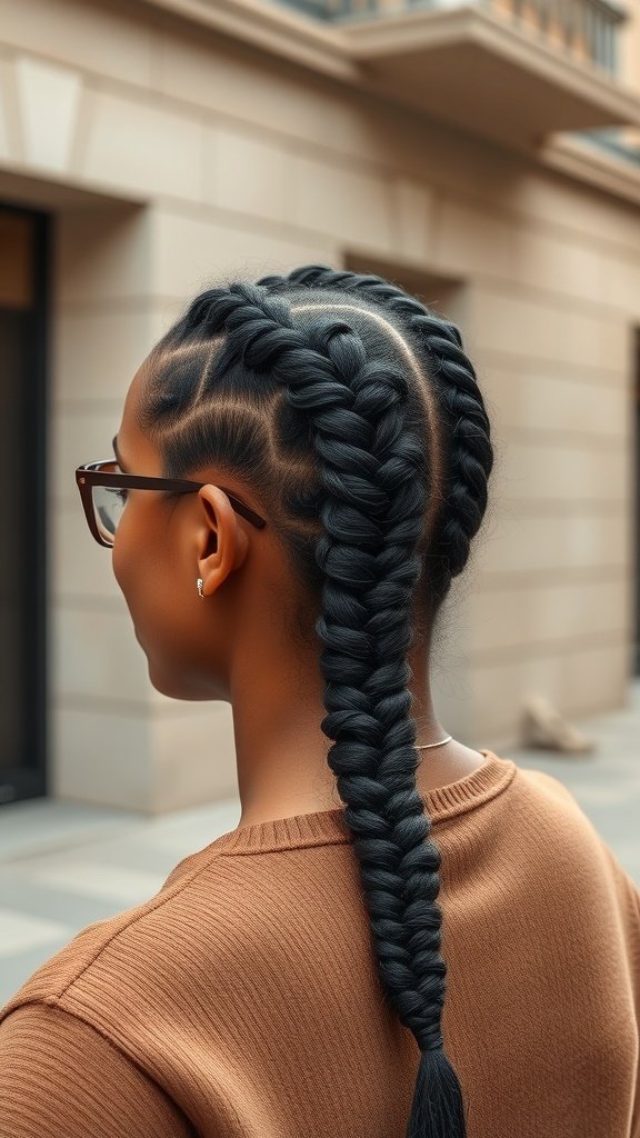 A woman with knotless braids styled in a side part, showcasing a sleek and elegant look.