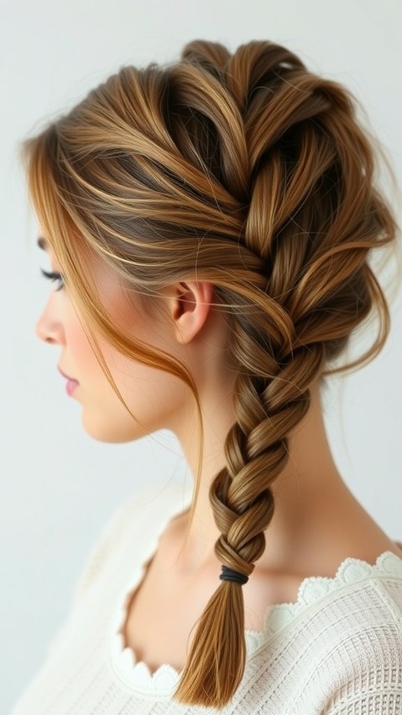 A woman with medium knotless braids styled with a side part, showcasing a chic and modern look.