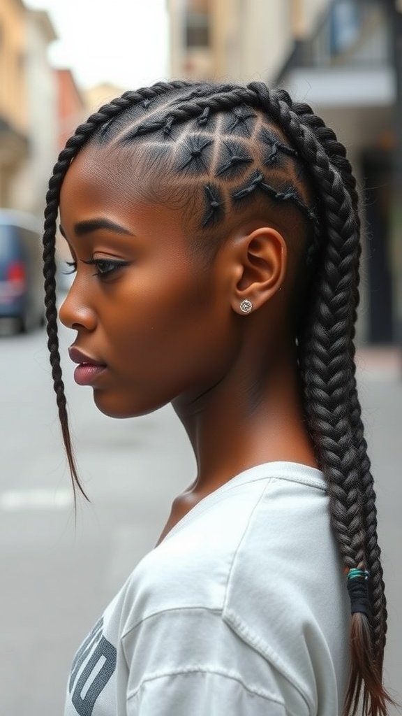 A profile view of a person with knotless braids styled with a side part, showcasing a chic and modern look.