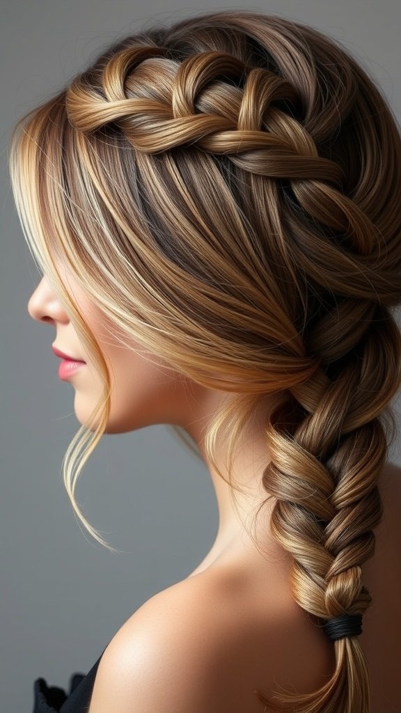 A side view of a woman with knotless braids styled with a side part, showcasing beautiful color blending.