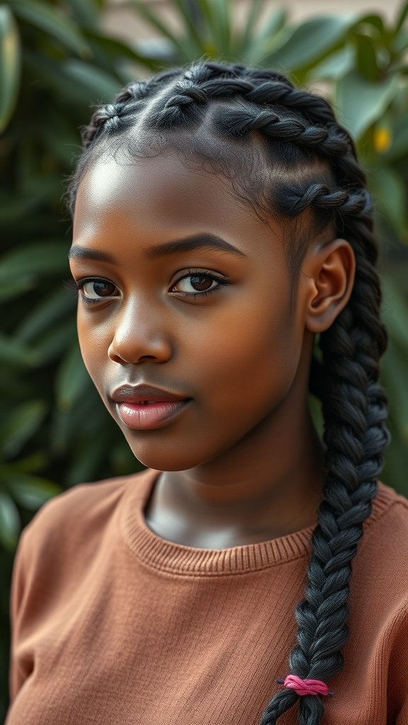A young woman with knotless braids styled in a side part, showcasing neat braids and a single braid on one side.