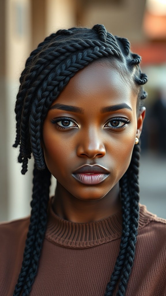 A close-up of a person with knotless braids styled in a side part, showcasing a polished and chic look.