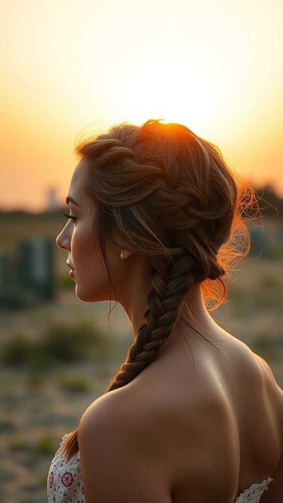A woman with knotless braids styled in a side part, illuminated by sunset.