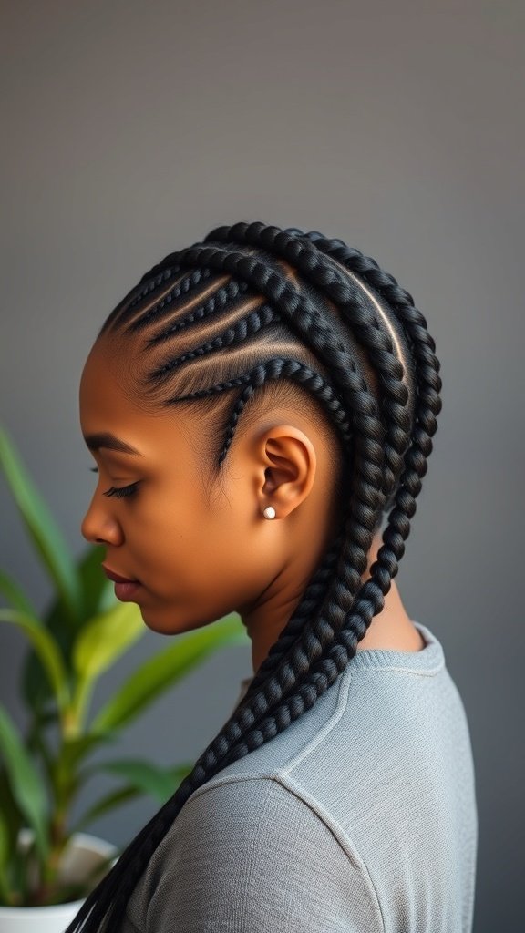 A woman with knotless braids styled in a side part, showcasing a sleek and modern look.